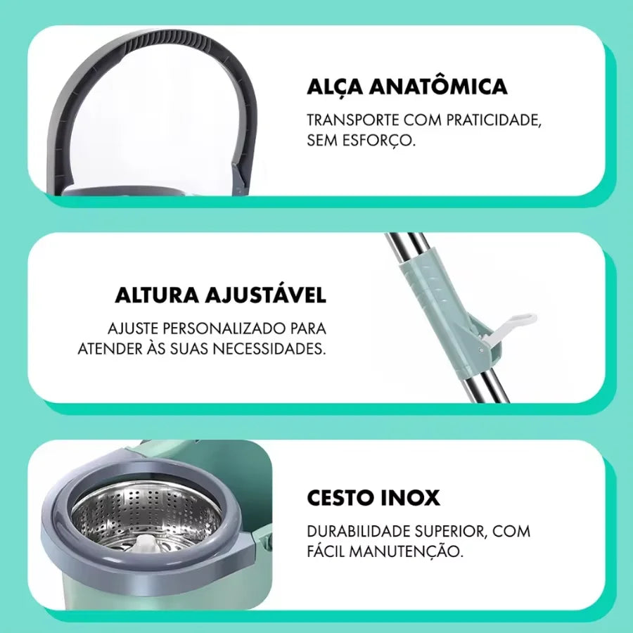 Mop Giratório Essencial 360 – Balde de 12L com Cesto Inox e Cabo Ajustável